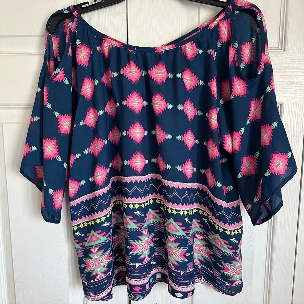 Liberty Love Womens Top Blue Aztec Print Top Tasseled Boho Hippie Festival - Picture 4 of 12